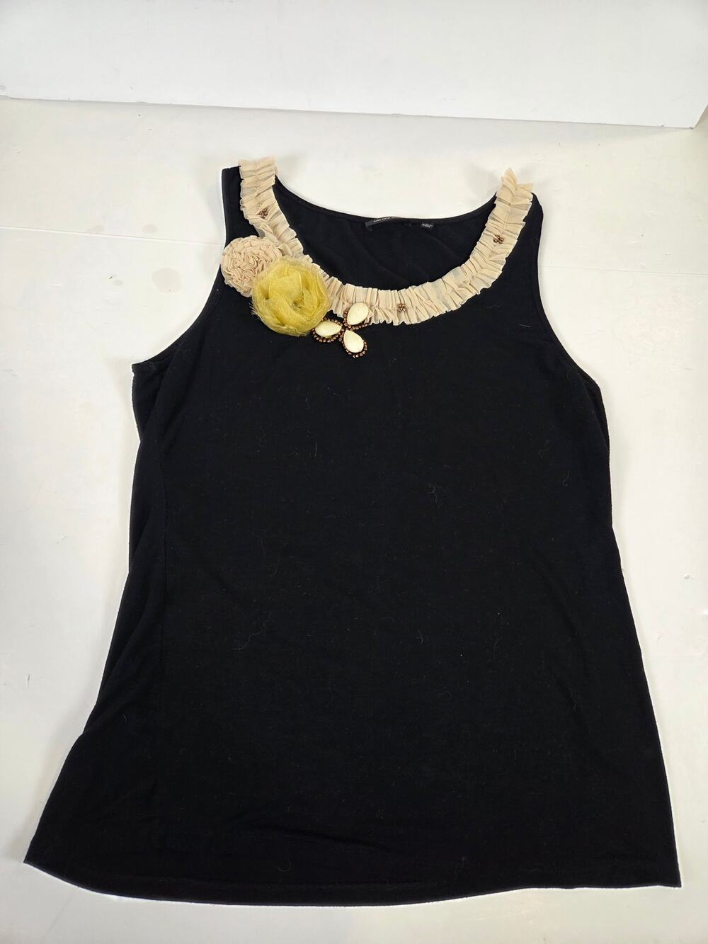 Saks Fifth Ave Roset Floral Beading Accent Black Tank Top Large Romantic